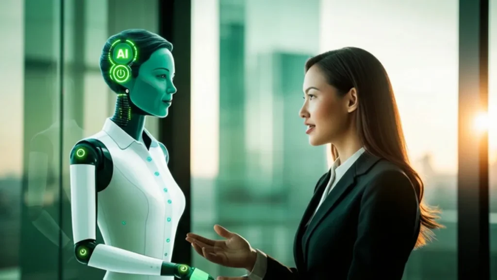 An AI assistant in conversation, illustrating how answer engines cite FAQ schema
